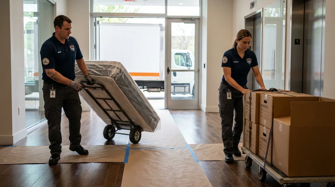 Professional apartment movers loading elevator in Oak Brook, IL